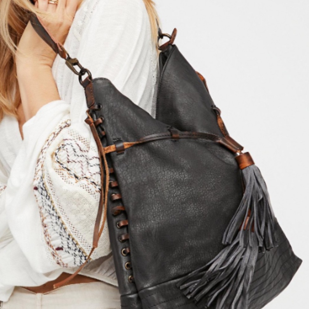 Free People Gramercy Bag Black Washed Hobo Bag Vegan with tassels